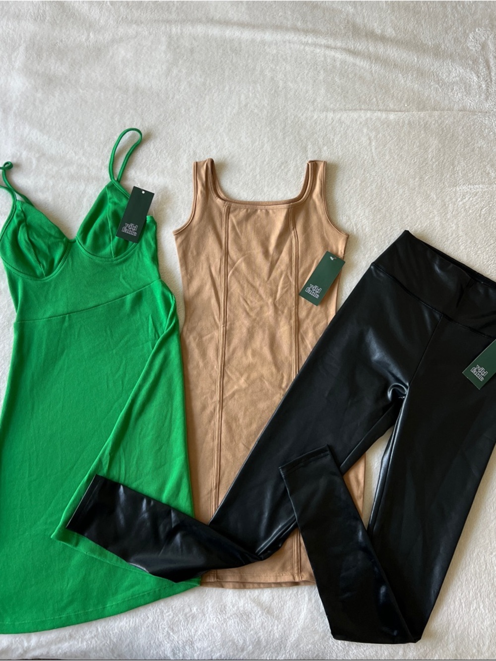NWT wild fable Green Mini Slip Dress, tan pencil dress and shiny black leggings